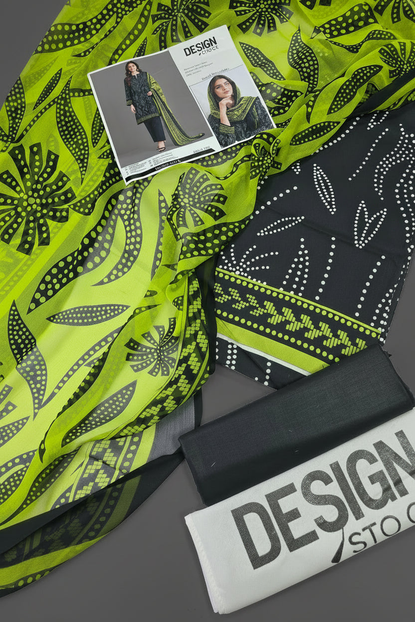 A folded and draped three-piece salwar kameez suit set in neon yellow-green and black, featuring a printed dupatta, black kameez fabric with white dotted patterns, and a black fabric roll. A brand card and a white label reading 'DESIGN STOCK' are placed on top.