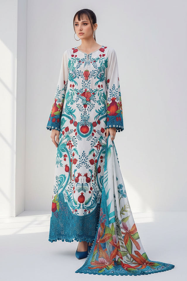 A woman modeling a long printed dress in an outdoor setting next to a dark elephant, with a smaller inset of the same model and text on the right listing 'M.PRINTS 15 A' and garment details.