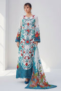 A woman modeling a long printed dress in an outdoor setting next to a dark elephant, with a smaller inset of the same model and text on the right listing 'M.PRINTS 15 A' and garment details.