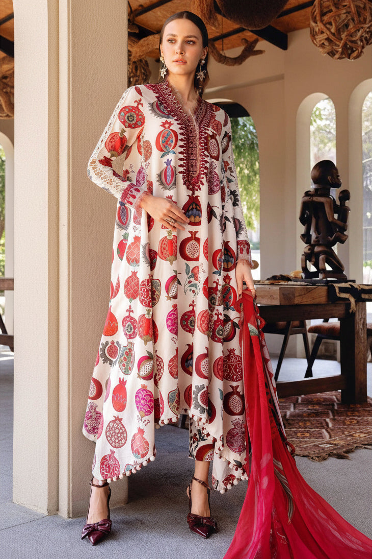 A fashion catalog page showing a woman modeling an M.PRINTS printed lawn shirt and dupatta set, with a smaller inset of the matching printed cambric trouser.