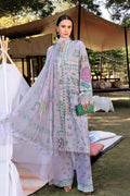 A fashion catalog page showing a model wearing a light lavender printed ethnic kurta set with a matching dupatta. The set features floral prints in pink, green, and blue.