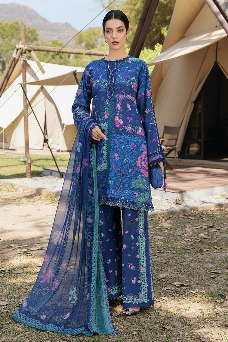 A model wears an M.PRINTS 17B printed ethnic three-piece suit in a tent setting.