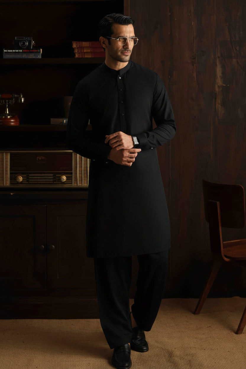 Sapphire Mens Jet Black Slub Wash & Wear
