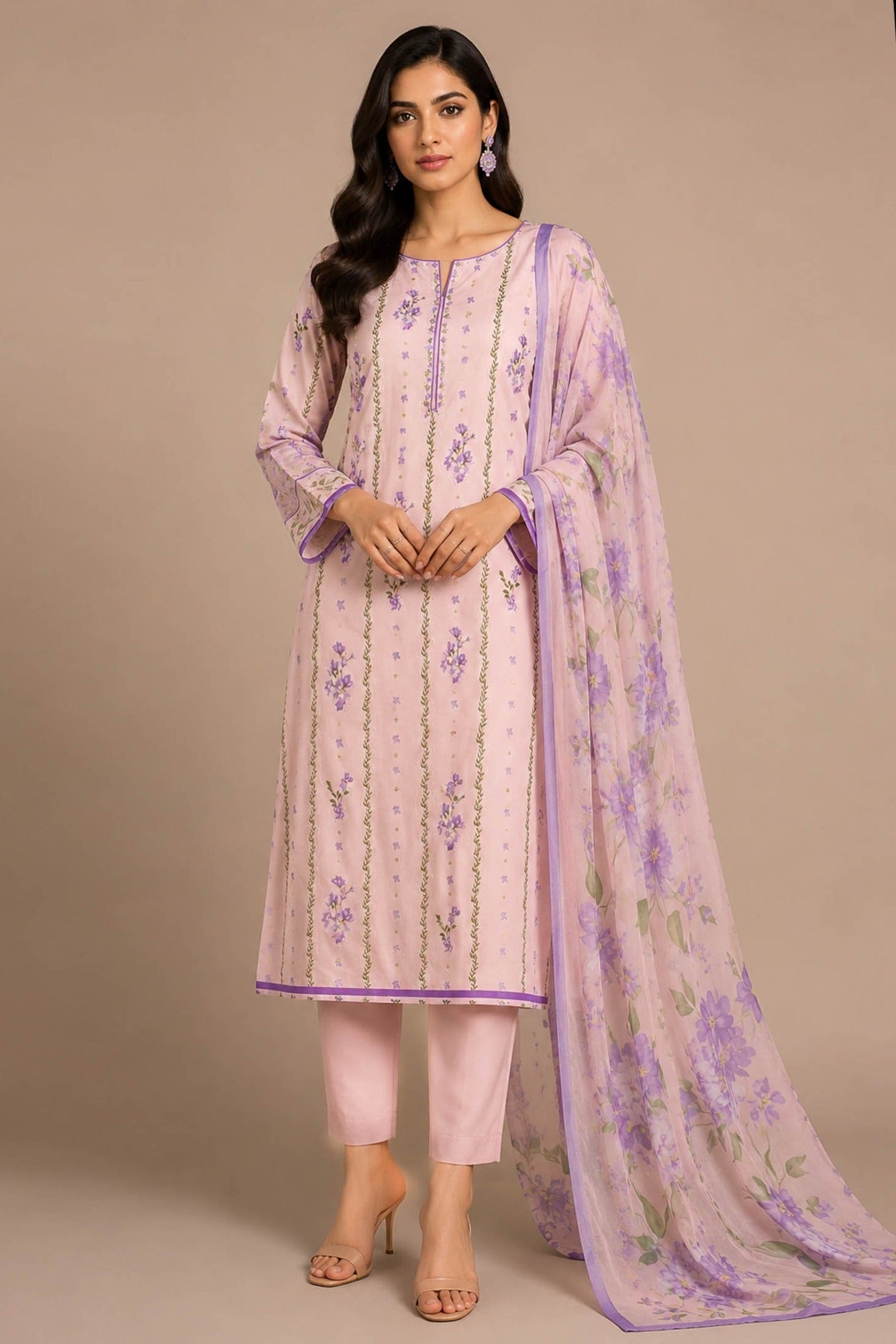 A woman modeling a light lavender and pink ethnic three-piece suit with floral embroidery, featuring a straight kurta, flat chiffon dupatta, and flat pants, shown alongside product text and a smaller inset view on a beige background.