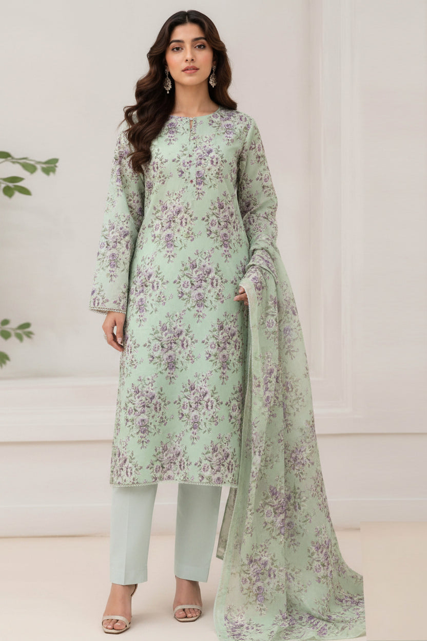 A fashion catalog composite showing a woman modeling a light gray-green three-piece salwar kameez suit with purple floral print, paired with matching pants and a dupatta. The left side shows the full outfit, while the right side includes a close-up portrait and text reading 'DESIGN STO CK' and 'Retail Price 5590-/-'.