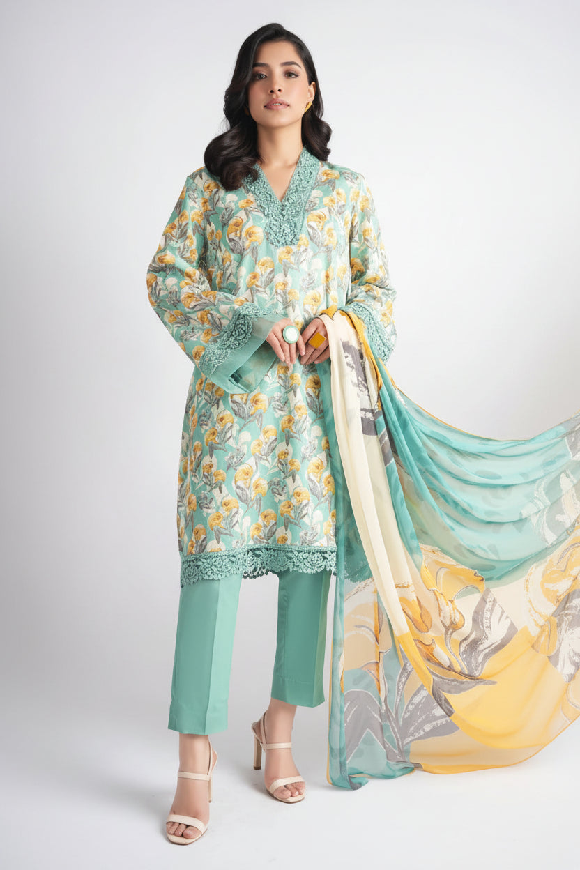 A 3-piece unstitched Lawn Premium collection outfit by Bareezé, featuring a light teal-green printed kurta, matching pants, and a coordinating dupatta with a yellow floral pattern, shown on a model against a white background.