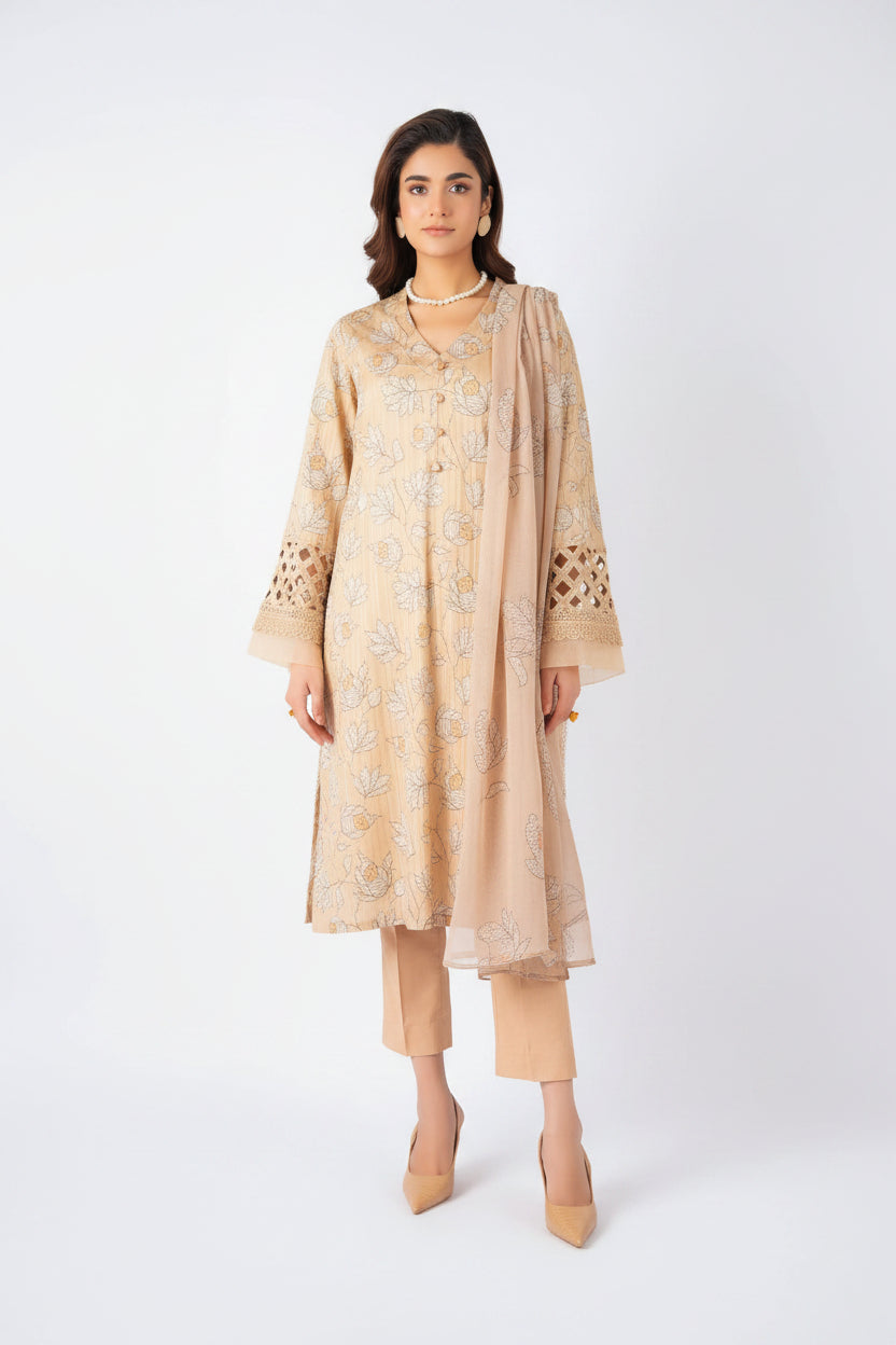A product catalog page for Bareezé Lawn Premium Collection showing a 3-piece unstitched outfit. The main image features a model wearing a beige printed kurta, solid beige pants, and a sheer beige dupatta.