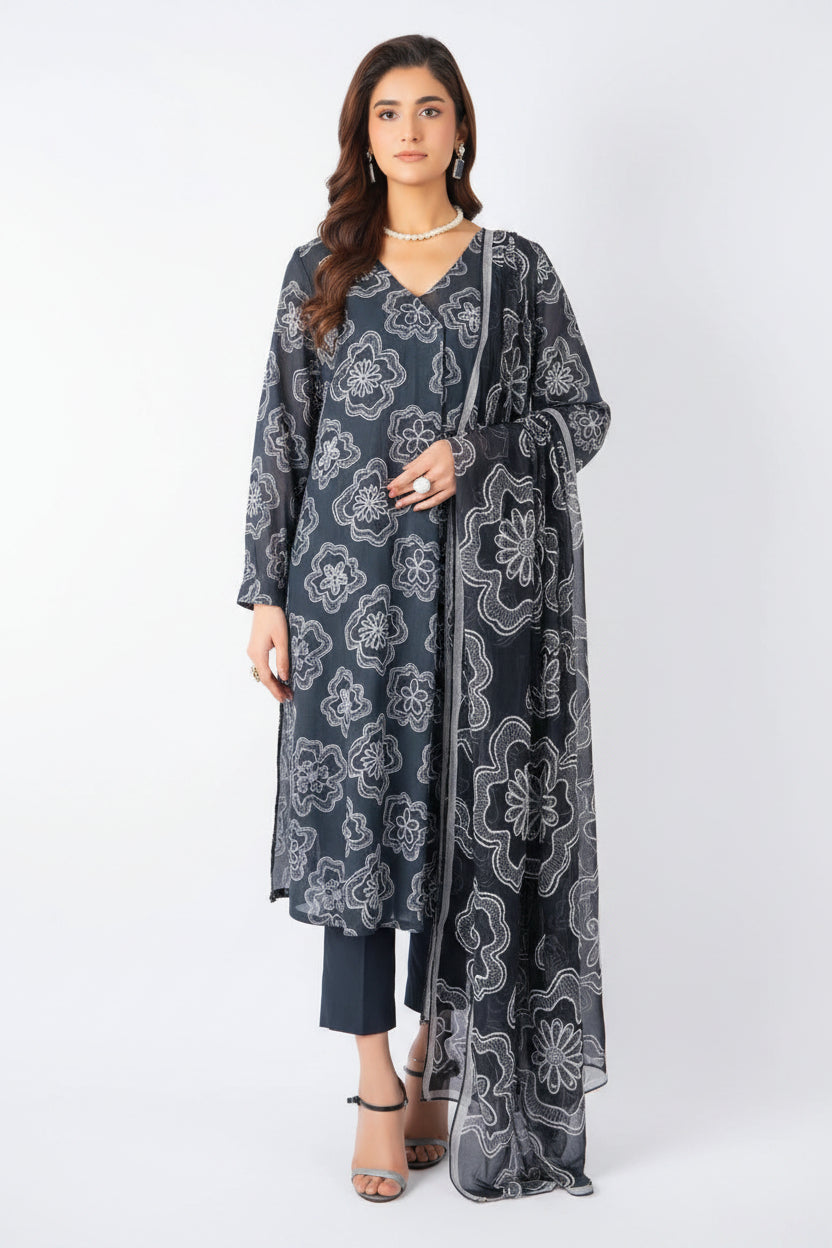 A catalog page for Bareezé Lawn Premium Collection showing a 3-piece unstitched outfit. The main panel features a model wearing a dark gray printed long kurta, digital printed lawn shirt, and matching printed dupatta.