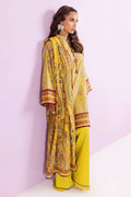 A model wearing a yellow and gold digital print three-piece traditional outfit from Bonanza Satrani's 'Bohemian Vibe' collection, shown against a light pink background with product details on the right.