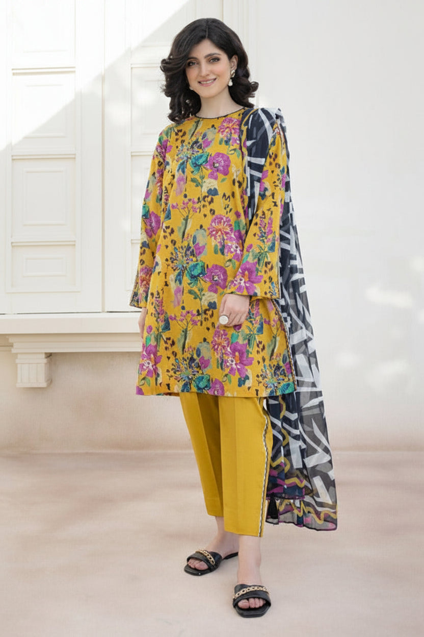 Sapphire Daily sewing pattern cover for a 3-piece printed lawn suit, featuring a model wearing a yellow kurta with colorful floral print, yellow trousers, and a black-and-white patterned dupatta.