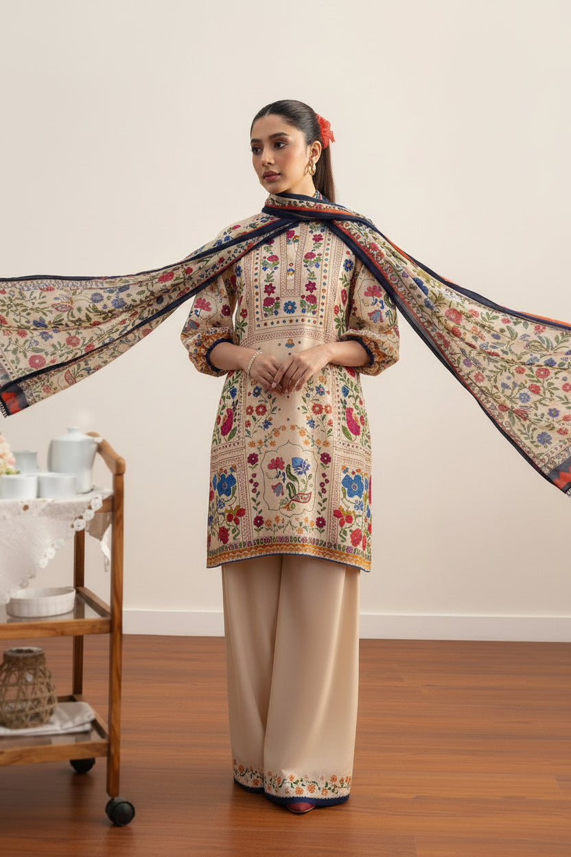 A model wearing a beige printed lawn shirt and trouser set from Coco by Zara Shahahan, shown in a lifestyle presentation with product details and care instructions printed on the right side of the white background.