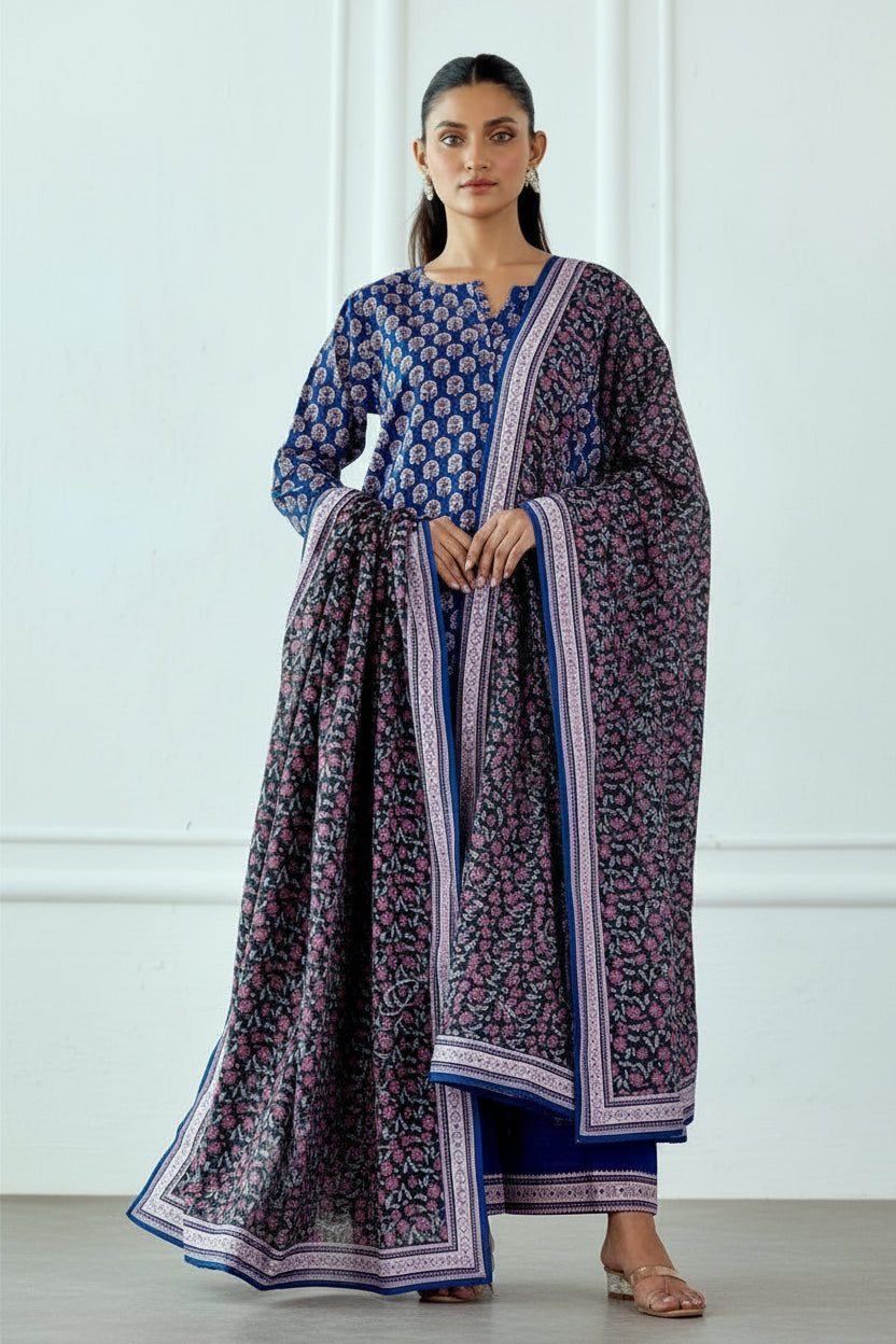 A catalog-style product image for an 'Orient' women's unstitched collection, showing a model in two views wearing a blue printed kurta and trousers set with a dupatta. The left view shows the front, and the right view shows the back.