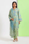 A woman modeling a three-piece unstitched outfit from Bonanza Satrani's Bohemian Vibe collection. The outfit consists of a light sage green kurta with a digital print, matching green pants, and a coordinating light green dupatta.