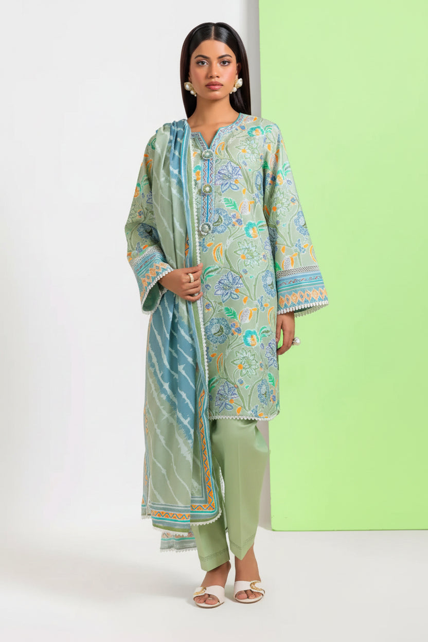 A woman modeling a three-piece unstitched outfit from Bonanza Satrani's Bohemian Vibe collection. The outfit consists of a light sage green kurta with a digital print, matching green pants, and a coordinating light green dupatta.