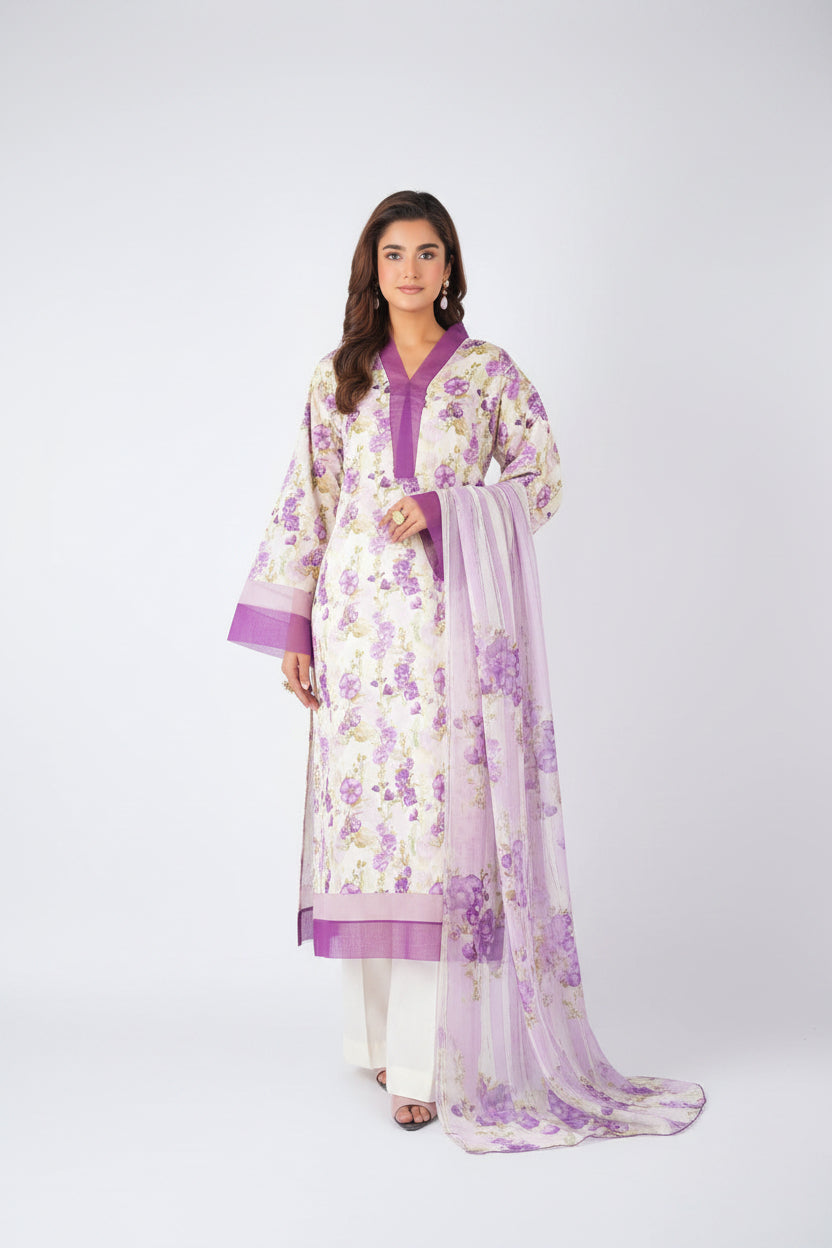 A model wearing a Bareezé Lawn Premium Collection 3-piece unstitched outfit, featuring a cream kurta with purple floral prints, a matching purple printed lawn shirt, and a sheer purple dupatta, shown alongside product specifications on a white background.