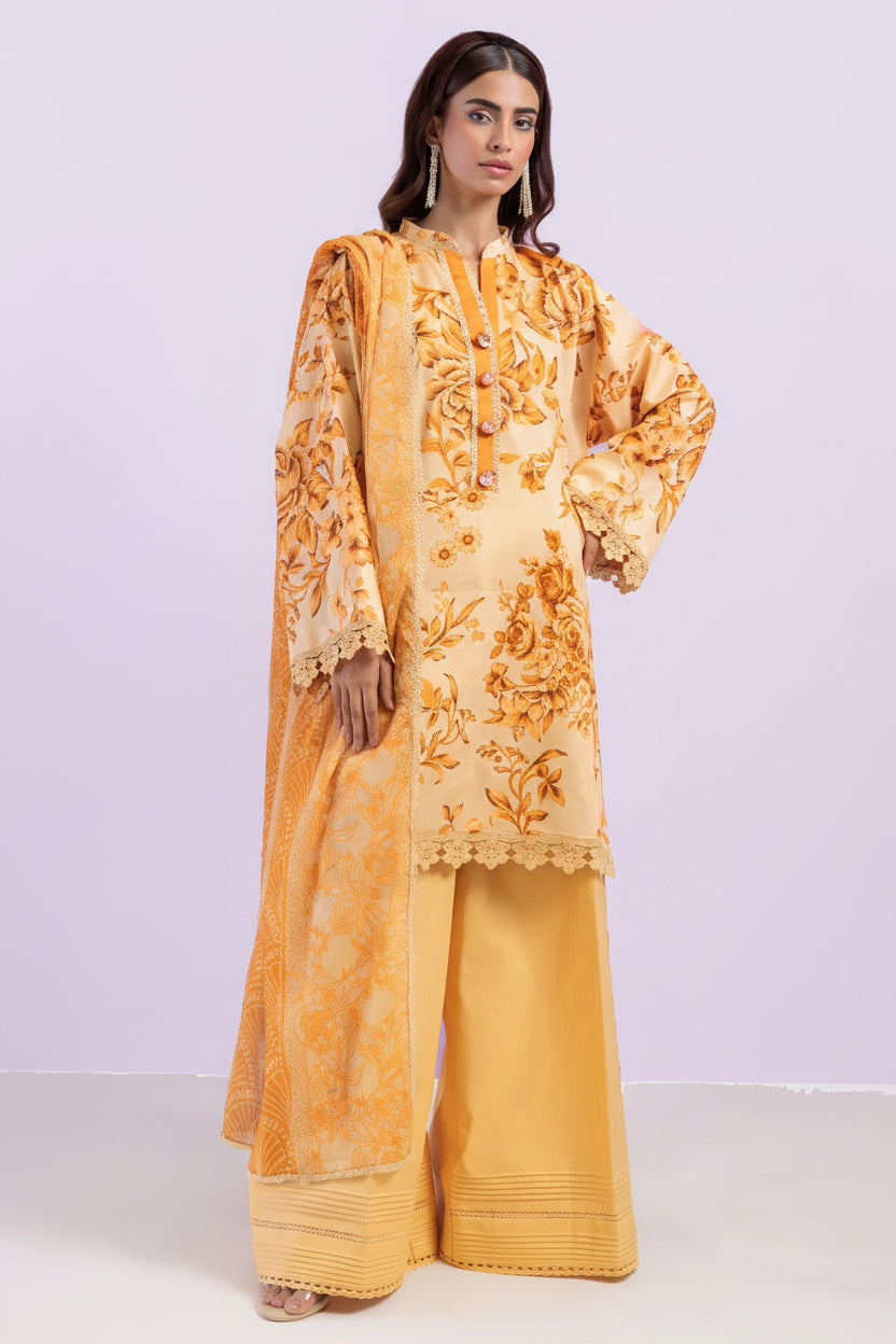 A model wearing a three-piece traditional South Asian outfit from Bonanza Satrangi's Bohemian Vibe collection, featuring a yellow printed kurta, matching trousers, and a yellow shirt. The image is split into two sections: the left shows the model, and the right contains product details, fabric descriptions, and care instructions on a white background.