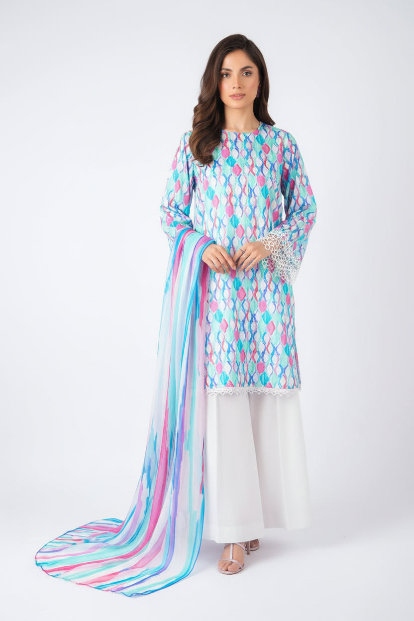 A fashion catalog page for Bareezé Lawn Premium Collection showing a woman modeling a printed three-piece unstitched outfit. The set includes a long kurta with a blue, pink, and white geometric pattern, white pants, and a matching printed dupatta.