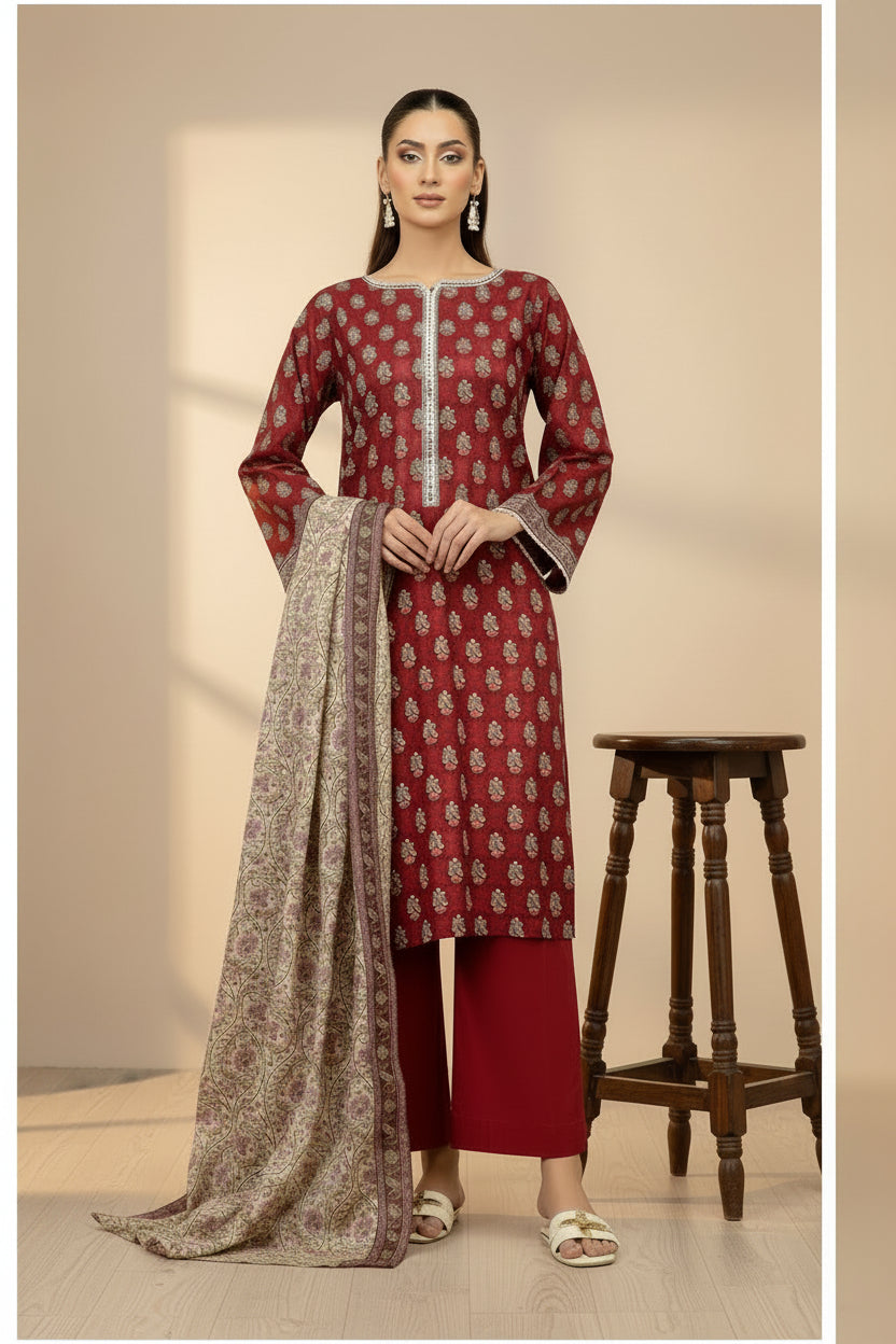 A catalog-style composite showing a woman modeling a three-piece red printed ethnic suit from the Orient collection, with front and back views on a light indoor background. Text below includes product details such as printed shirt & trouser, dupatta, color red, and care instructions.