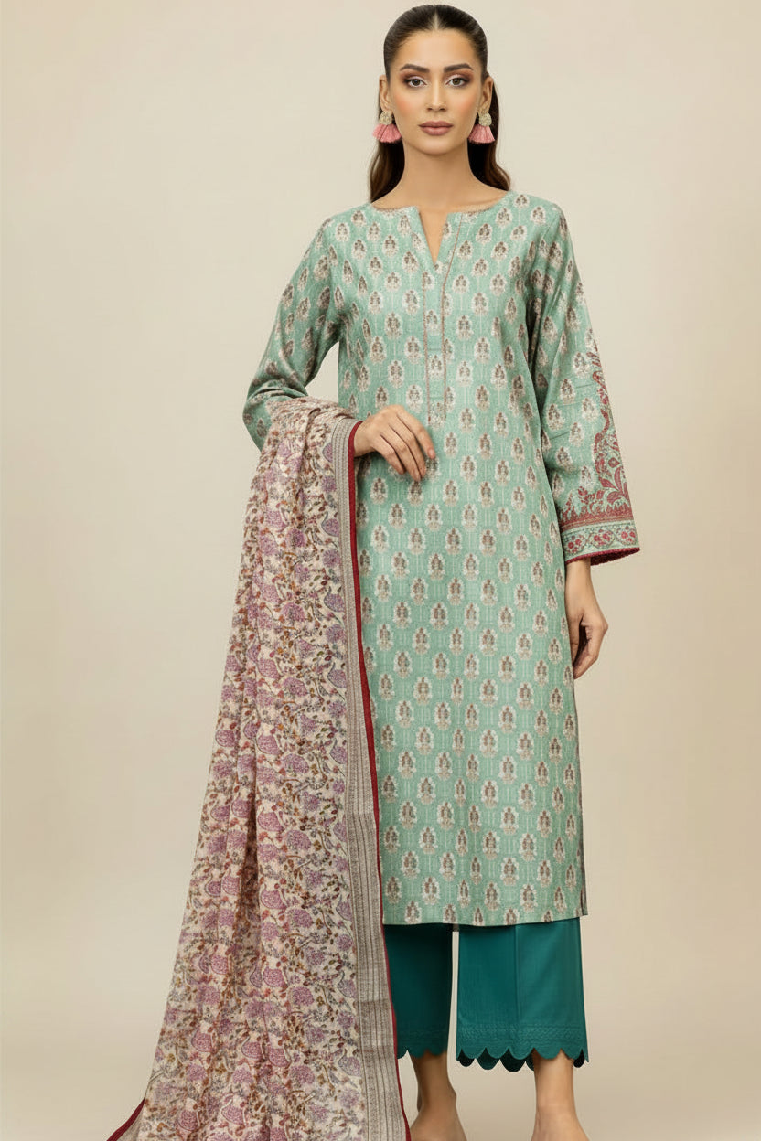 A catalog-style layout for the brand Orient showing a woman modeling a light sky-blue printed kurta set with a pink dupatta in two views, with text listing collection details, care icons, and website information.