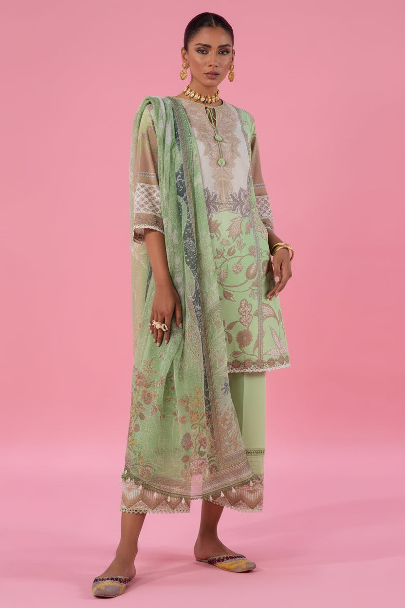 Sana Safinaz Classic-26 3-piece women's salwar suit set in light green and beige with floral prints, shown on a model against a pink studio background with product details printed at the bottom.