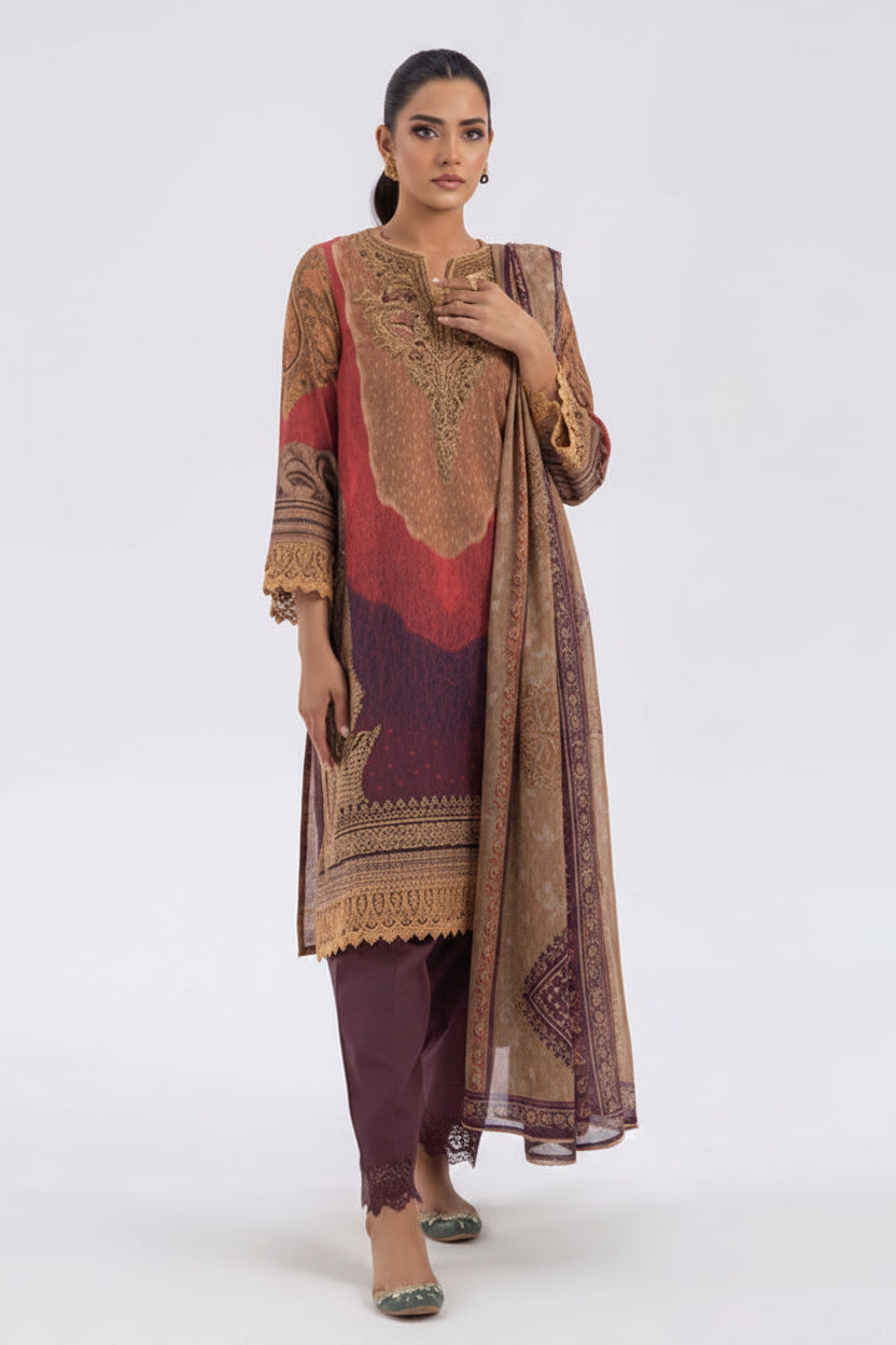Sana Safinaz Classic-26 3-piece women's suit set featuring a printed kurta, trouser, and shirt. The kurta has a maroon and beige floral pattern with gold borders, paired with matching maroon and beige trousers and a maroon and beige printed shirt.