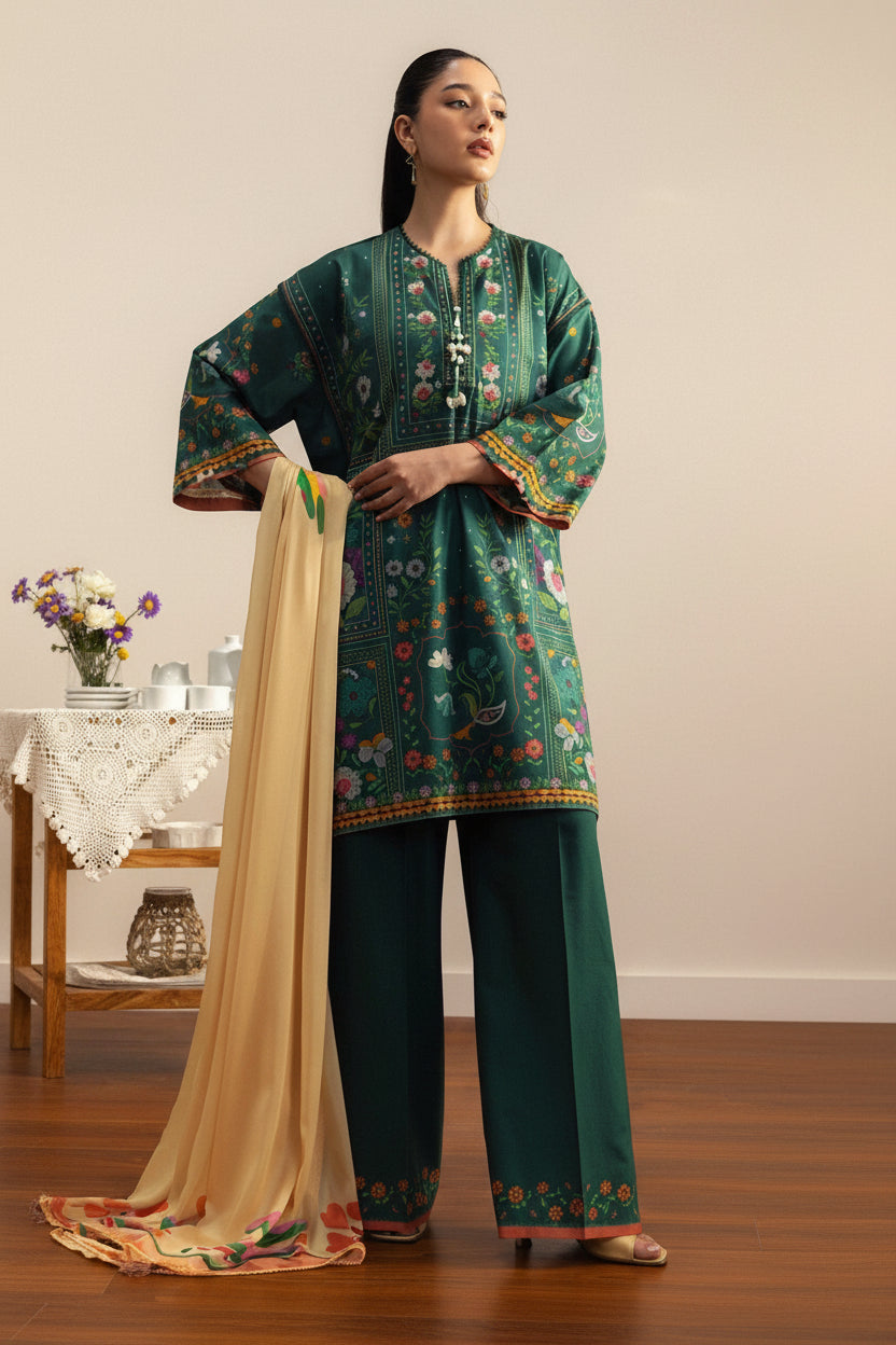 A fashion catalog page showing a woman modeling a green printed kurta set with a beige dupatta, alongside product text for 'COCO BY ZARA SHAHJAHAN PRINTS' and care instructions.