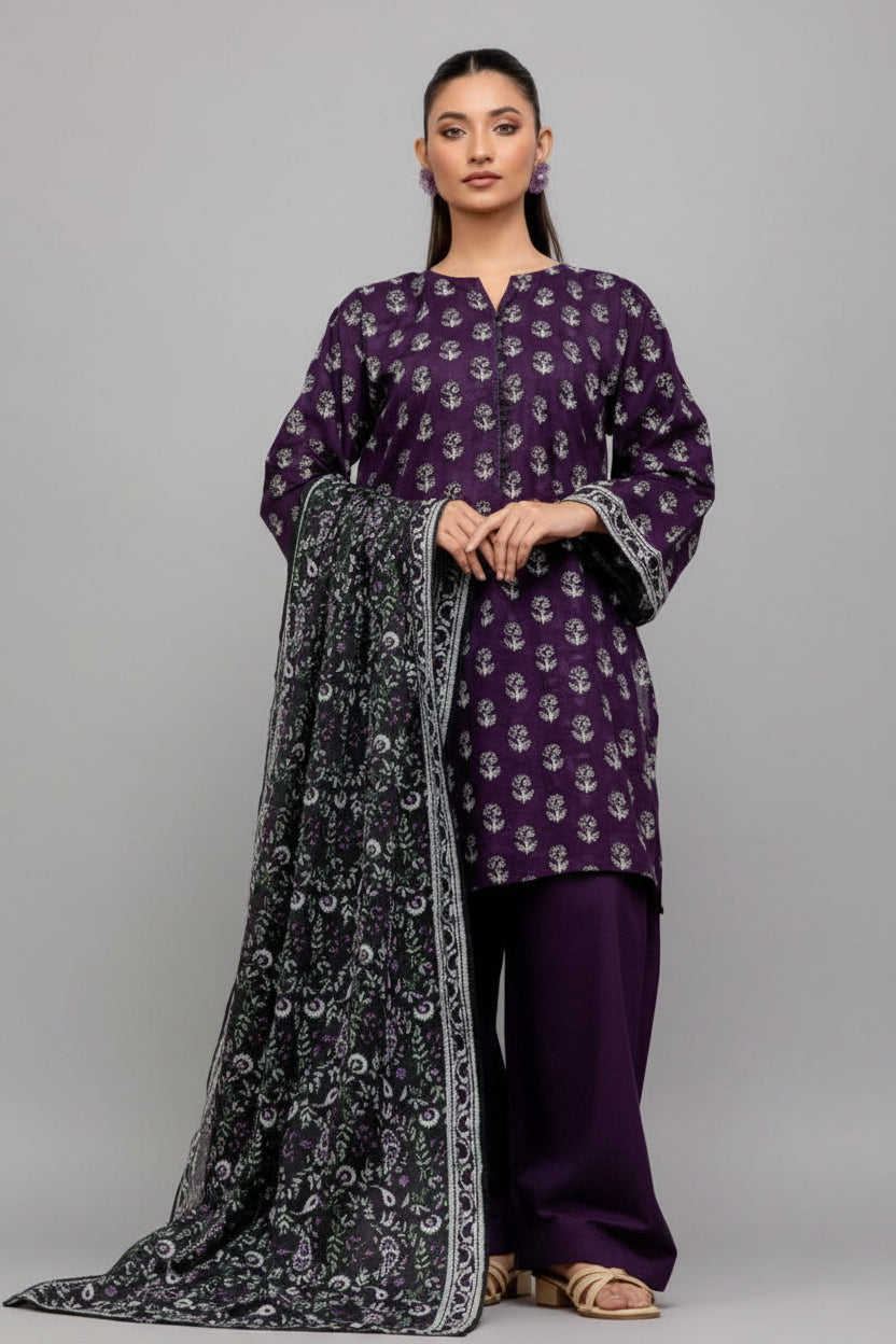 A catalog-style composite showing a model wearing an unstitched three-piece suit set from both front and back views. The set includes a purple printed kurta, matching trousers, and a dark dupatta with light border print.