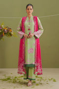 A promotional catalog page for COCO by Zara Shahjahan prints, featuring a model wearing a light green printed salwar suit with a pink patterned dupatta on the left, alongside product details, package contents, care instructions, and a QR code on the right.
