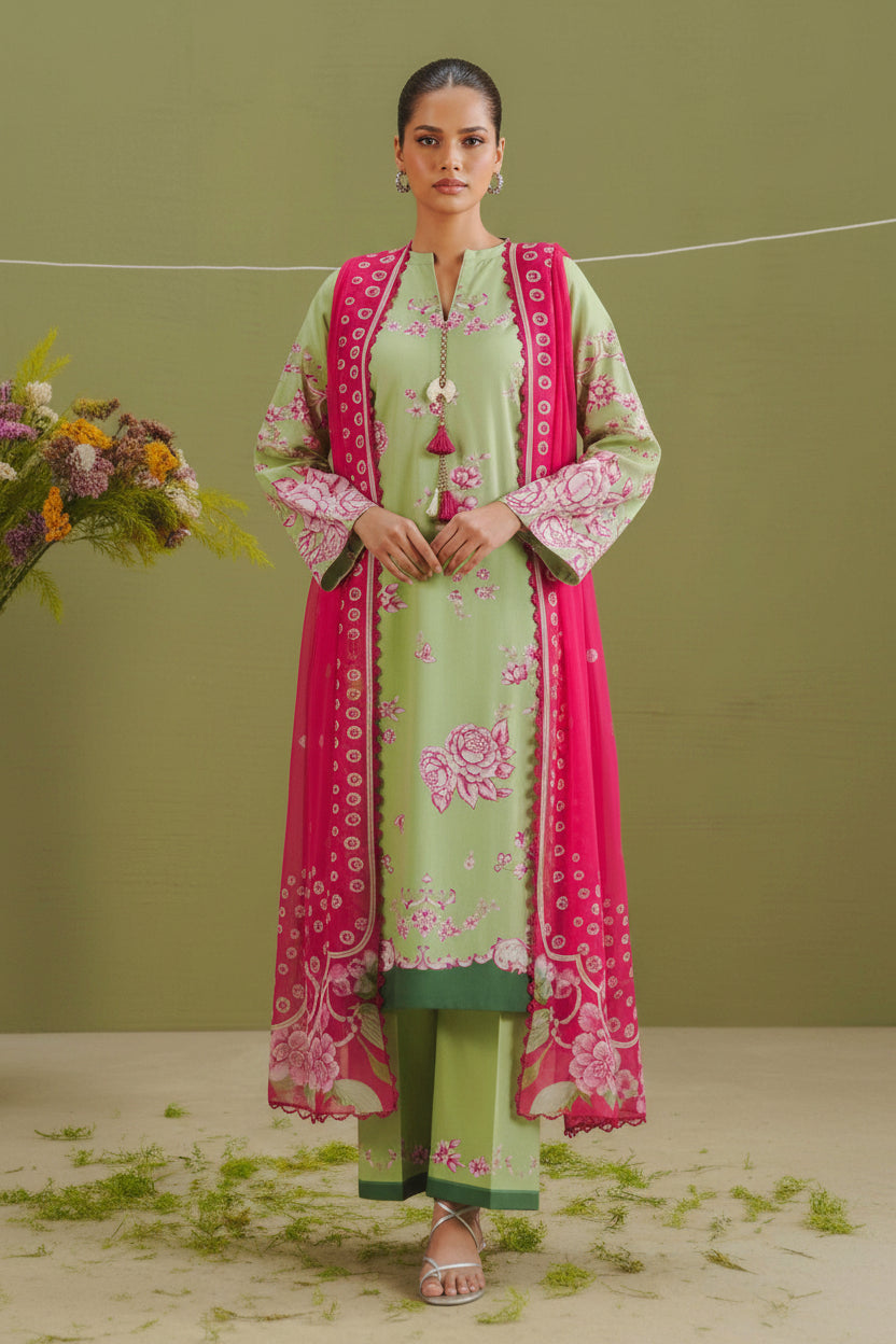 A promotional catalog page for COCO by Zara Shahjahan prints, featuring a model wearing a light green printed salwar suit with a pink patterned dupatta on the left, alongside product details, package contents, care instructions, and a QR code on the right.