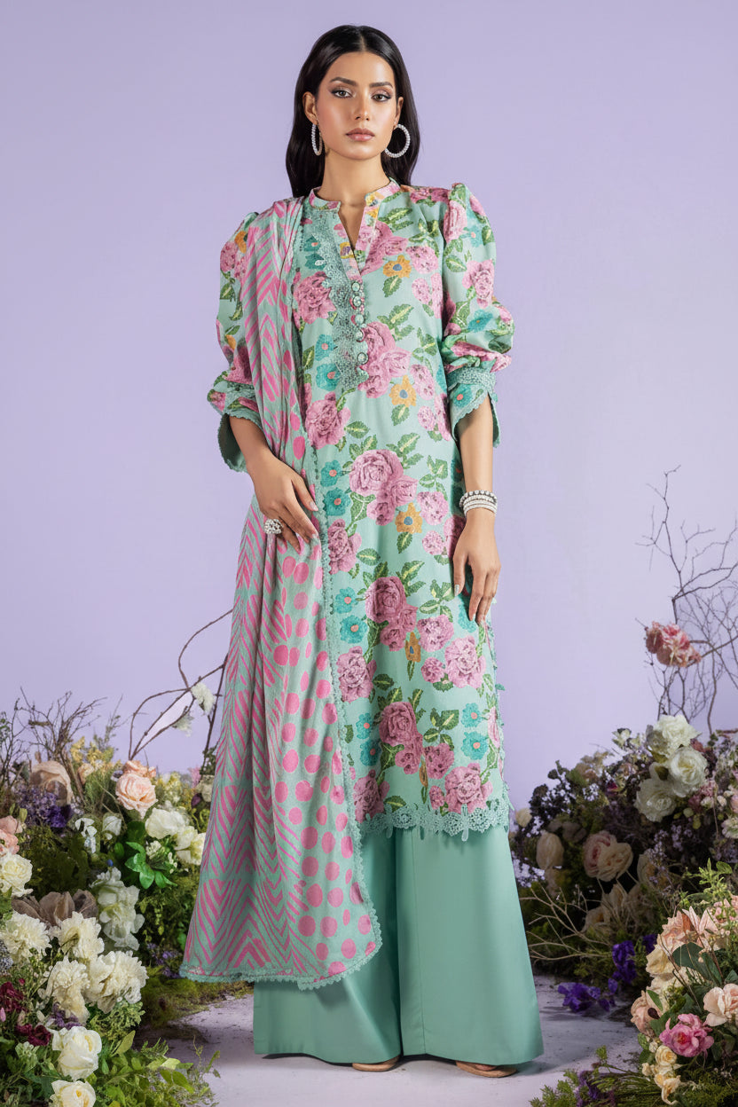 A woman modeling a Bonanza Satrangi Bohemian Vibe unstitched collection 03 Piece set, featuring a digital printed lawn kurta and dupatta with a plain dyed trouser, set against a lavender background with text details on the right.