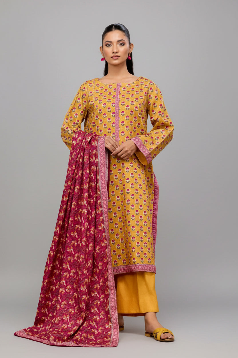 A catalog-style layout showing a woman modeling an orange-yellow printed kurta set with a pink dupatta, shown from front and back views on a light indoor wall. Text at the top reads 'Orient', with product details and care icons below.