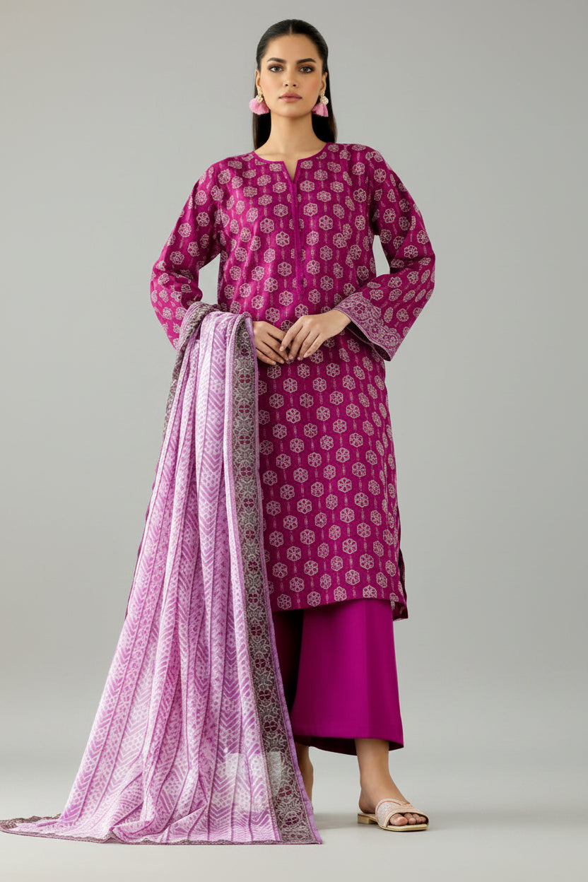 A catalog page for the brand Orient showing a woman modeling a magenta printed three-piece suit. The page includes front and back views of the kurta and pant set, a dupatta, and text describing the collection, garment types, and care instructions.