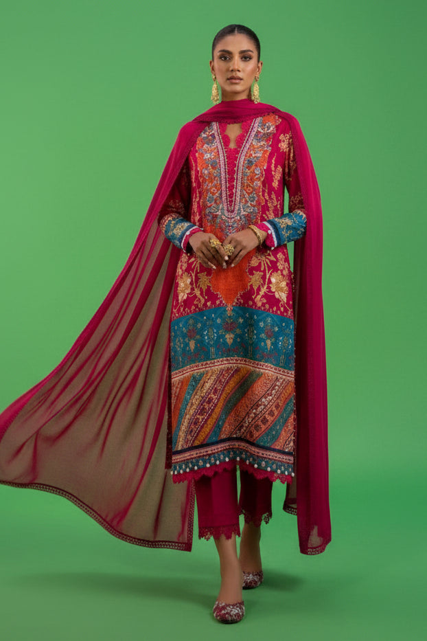 Sana Safinaz Classic-26 sewing pattern cover showing a model wearing a traditional three-piece outfit with a long red cape, patterned kurta, and wide-leg trousers against a solid green background.