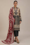 Sana Safinaz Classic-26 women's kurti set featuring a model wearing a beige and black patterned kurti with a red and beige printed dupatta, set against a solid green background with product details printed at the bottom.