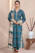 SAPPHIRE Daily Lawn Suit collection page featuring a model wearing a three-piece printed outfit: a blue kurta, matching trousers, and a patterned dupatta, with product details and a barcode on a white page.