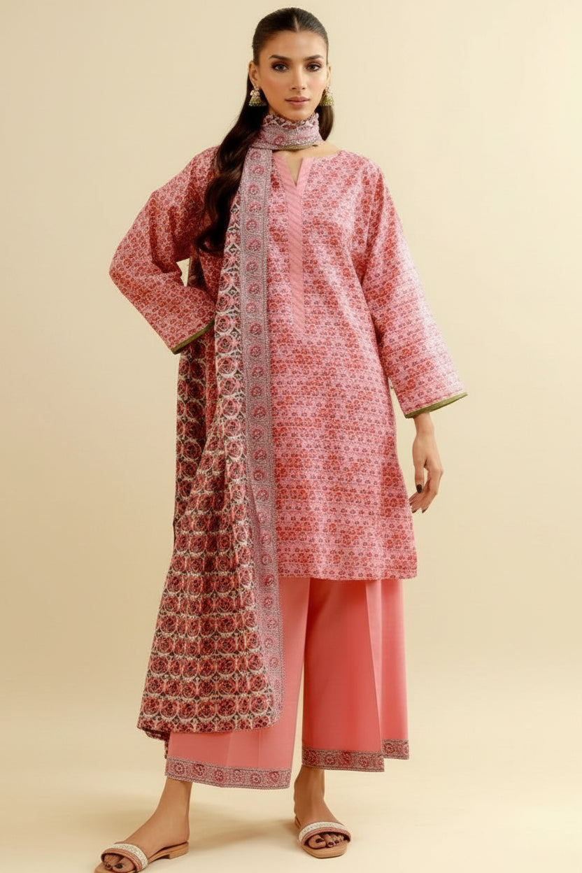 A catalog page for an unstitched collection from the brand Orient, showing two side-by-side photos of a model wearing a pink printed kurta and matching pants. The page includes product details, care instructions, and a barcode.