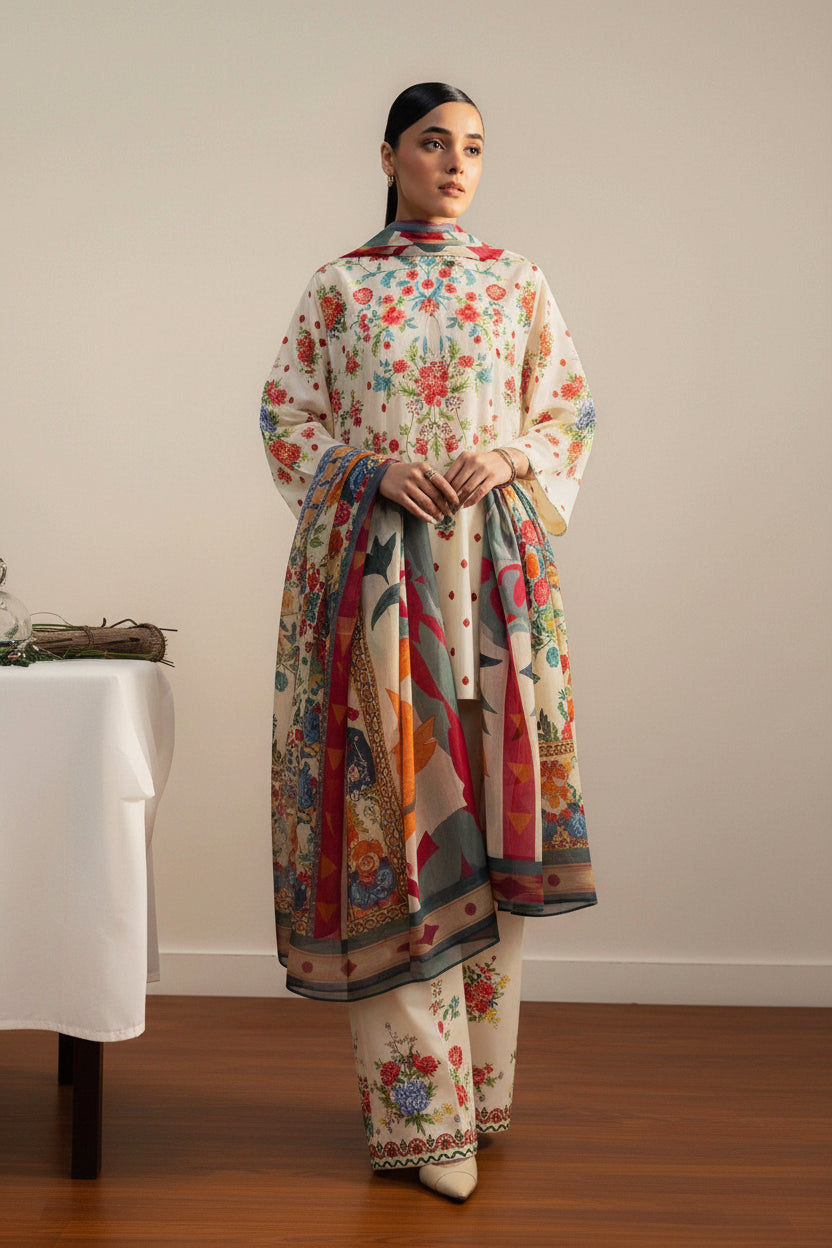A promotional catalog page for COCO Prints by Zara Shahjahan, showing a model wearing a beige printed kurta and trouser set on the left, with product details, package contents, care instructions, and a QR code on the right.