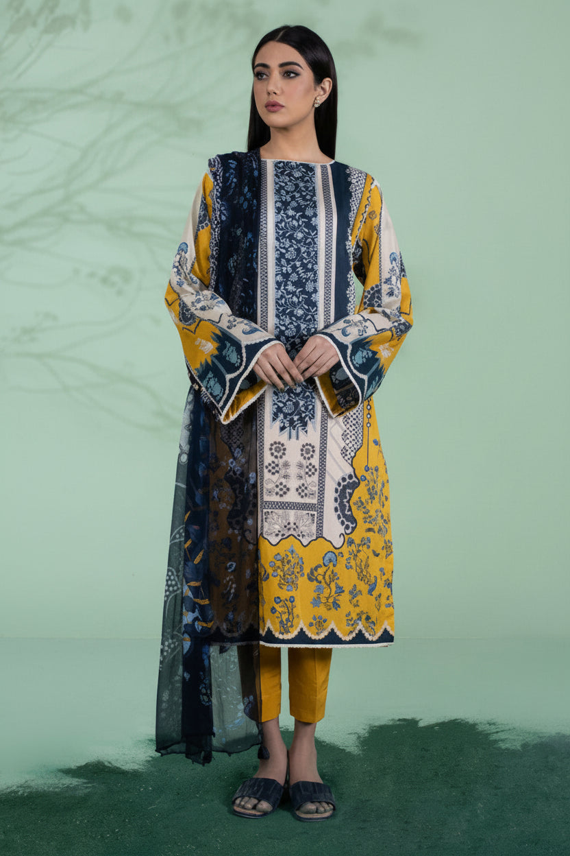 Sapphire Daily 3-piece printed lawn suit for women, featuring a printed kurta, trouser, and dupatta in a yellow, navy, and blue patterned design, shown on a model against a green background.