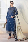 Sapphire Daily 3-piece printed lawn suit pattern cover featuring a model wearing a blue printed kurta, printed pants, and a cream dupatta, with product details and a barcode on the right side.