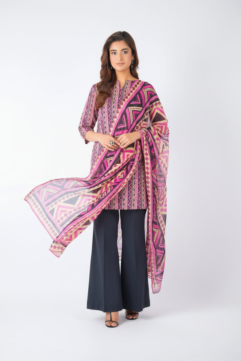 A fashion catalog page for Bareezé Lawn Premium Collection showing a woman modeling a three-piece unstitched outfit. The set includes a pink and purple patterned digital printed lawn shirt, a matching printed violette dupatta, and a dark navy wide-leg trouser.